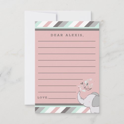 Cute Elephant Pink  Mint Baby Shower Time Capsule Note Card