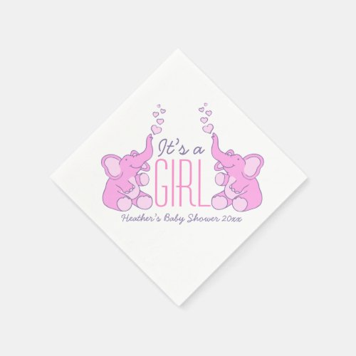 Cute Elephant pink named baby shower girl napkin