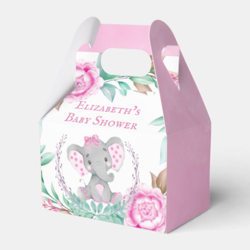 Cute Elephant Pink Peony Girl Baby Shower  Favor Boxes