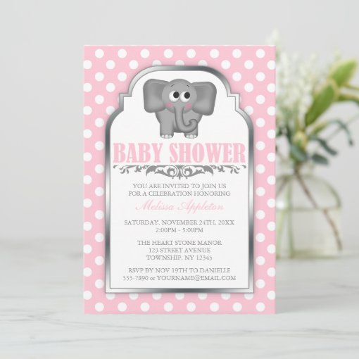 Cute Elephant Pink Polka Dot Baby Shower Invitation Zazzle