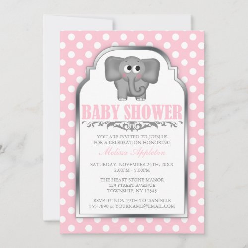 Cute Elephant Pink Polka Dot Baby Shower Invitation