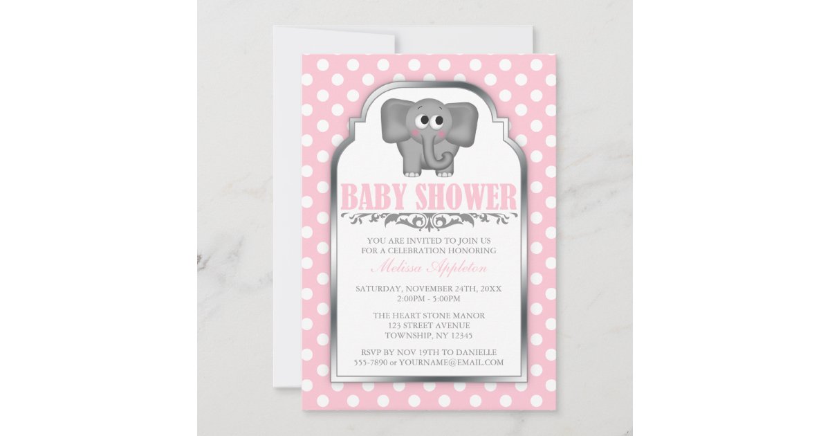 Cute Elephant Pink Polka Dot Baby Shower Invitation Zazzle