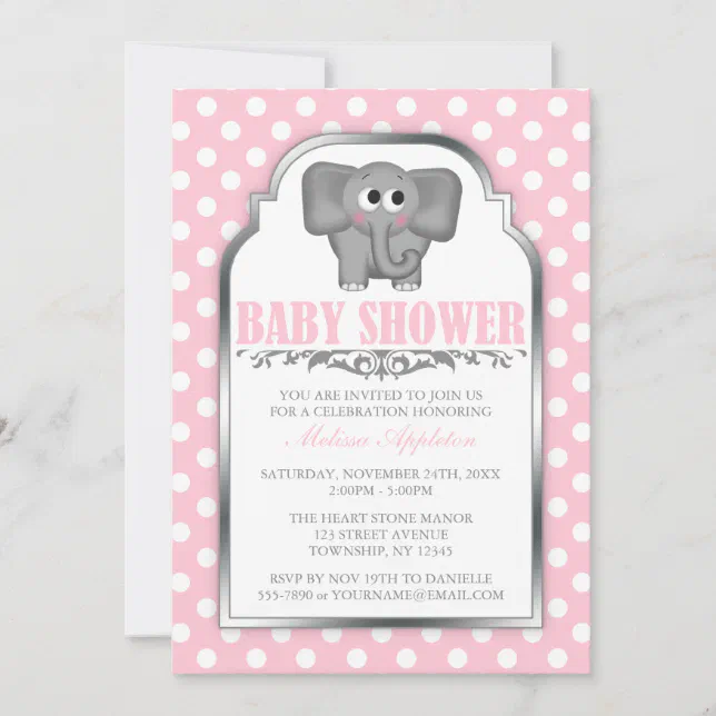 Cute Elephant Pink Polka Dot Baby Shower Invitation Zazzle