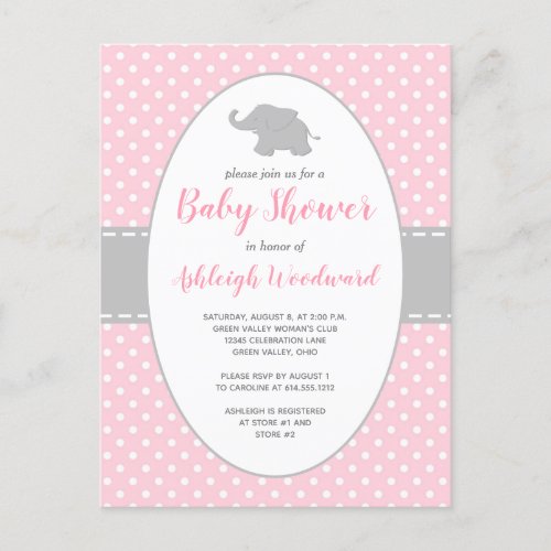 Cute Elephant Pink Polka Dot Girl Baby Shower Invitation Postcard