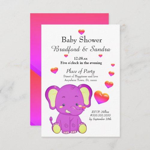 Cute  Elephant Pink Purple Hearts Girl Baby Shower Invitation