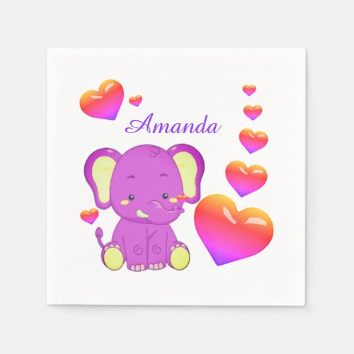 Cute  Elephant Pink Purple Hearts Girl  Napkins