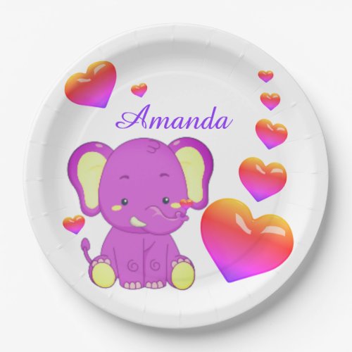 Cute  Elephant Pink Purple Hearts Girl   Paper Pla Paper Plates