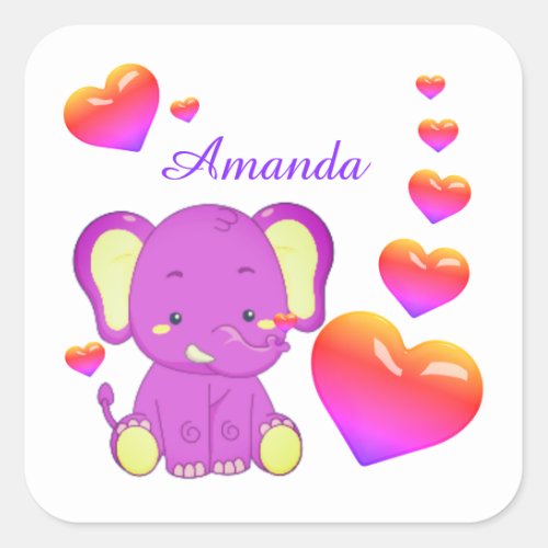 Cute  Elephant Pink Purple Hearts Girl   Square St Square Sticker