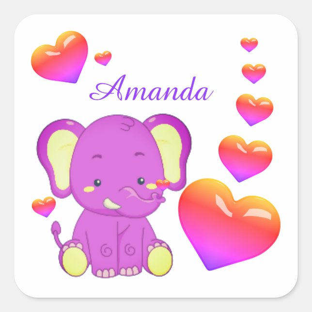 Cute  Elephant Pink Purple Hearts Girl   Square St Square Sticker (Front)