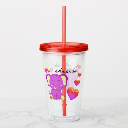 Cute  Elephant Pink Purple Hearts Girls Acrylic Tumbler