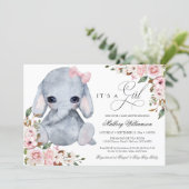 Cute Elephant Pink Rose Girl Baby Shower Invitatio Invitation (Standing Front)