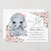 Cute Elephant Pink Rose Girl Baby Shower Invitatio Invitation (Front/Back)