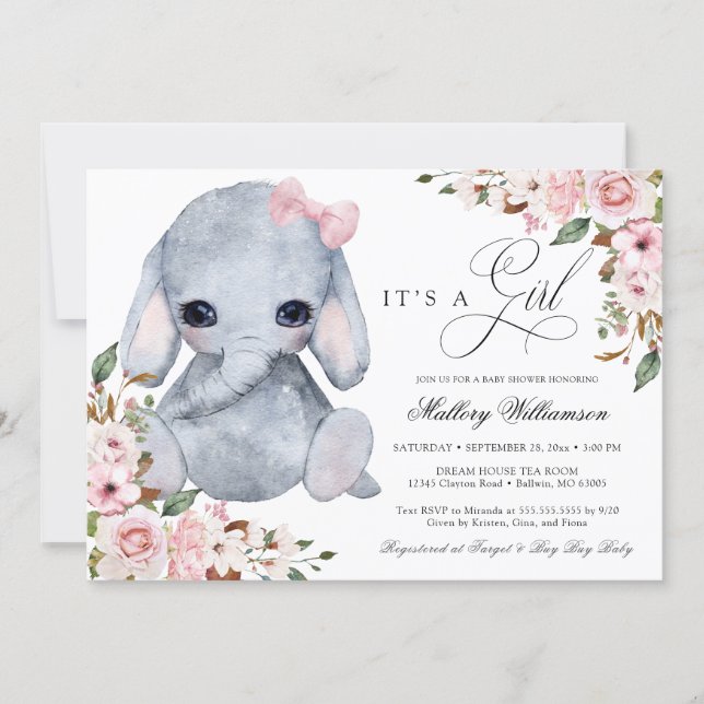 Cute Elephant Pink Rose Girl Baby Shower Invitatio Invitation (Front)