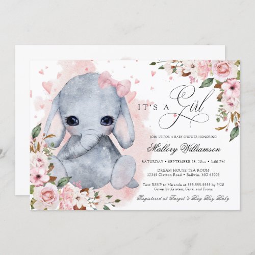 Cute Elephant Pink Rose Girl Baby Shower Invitation