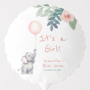 Cute Elephant Pink Rose Watercolor Baby Shower Balloon