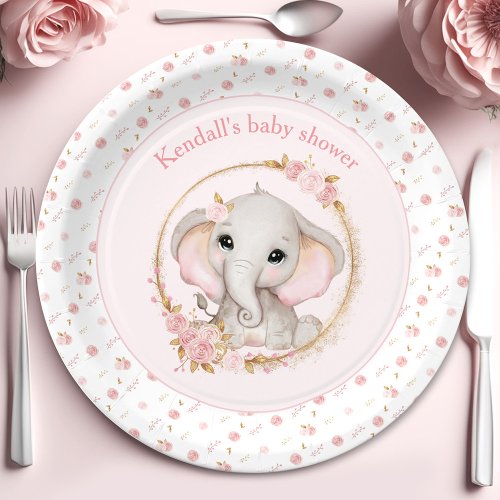 Cute Elephant Pink Roses Baby Shower Paper Plates