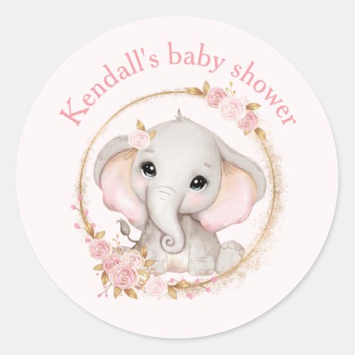 Cute Elephant Pink Roses Baby Shower Stickers