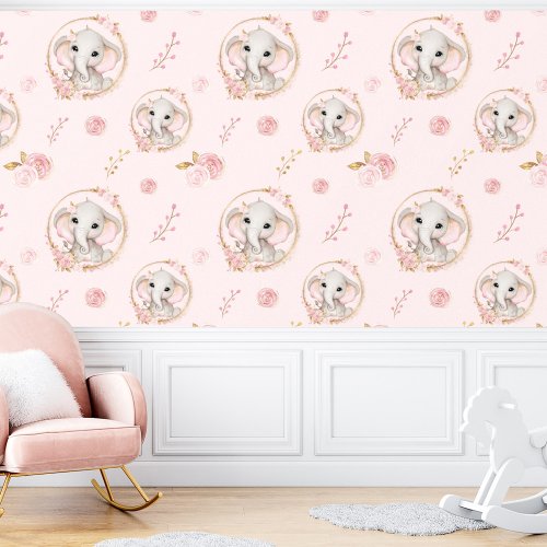 Cute Elephant Pink Roses Floral Girl Wallpaper