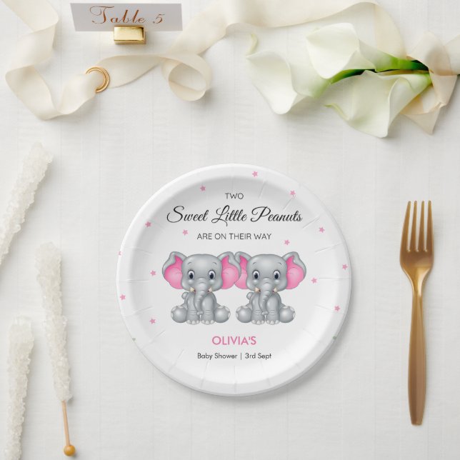 Cute Elephant Pink Twin Girls Baby Shower  Paper Plates (Wedding)