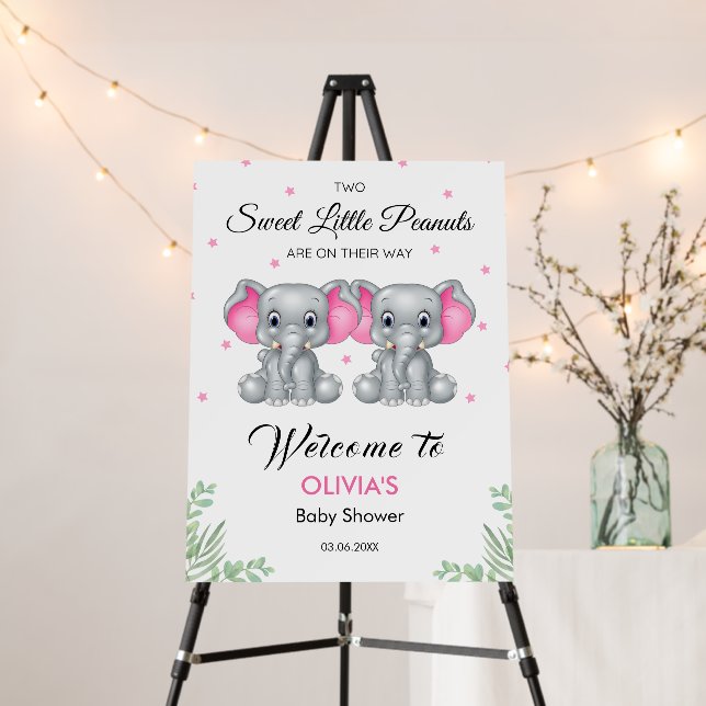 Cute Elephant Pink Twin Girls Baby Shower Welcome  Foam Board (In Situ (Stand))