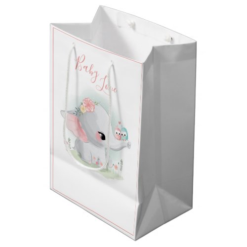Cute Elephant Pink Watercolor Baby Love Girl Medium Gift Bag