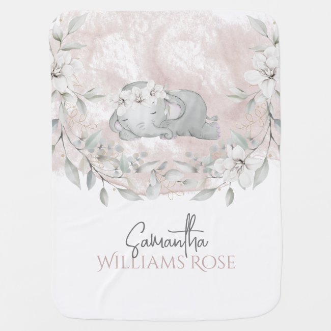 Cute Elephant Pink watercolor floral girl Baby Blanket