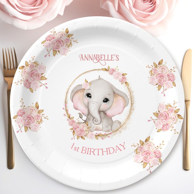 Cute Elephant Pink White Flowers Birthday Girl Paper Plates (Cute Elephant Pink White Flowers Birthday Girl Paper Plates)