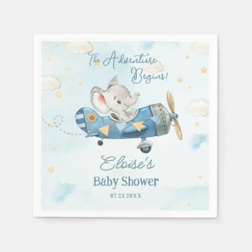 Cute Elephant Plane Adventure Begins Baby Shower Napkins