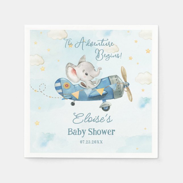 Cute Elephant Plane Adventure Begins Baby Shower Napkins (Front)