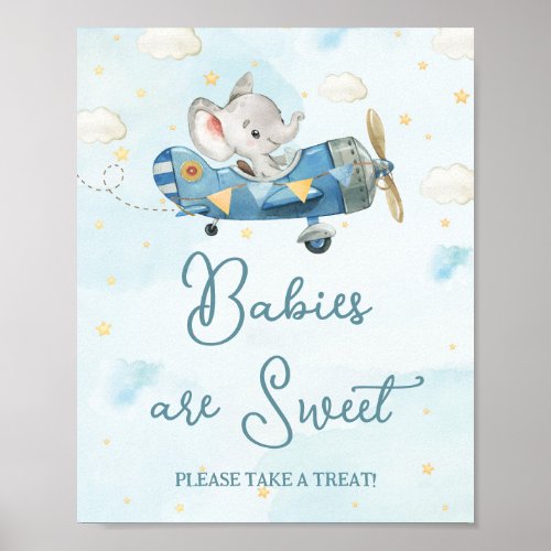 Cute Elephant Plane Adventure Blue Baby Treats Poster
