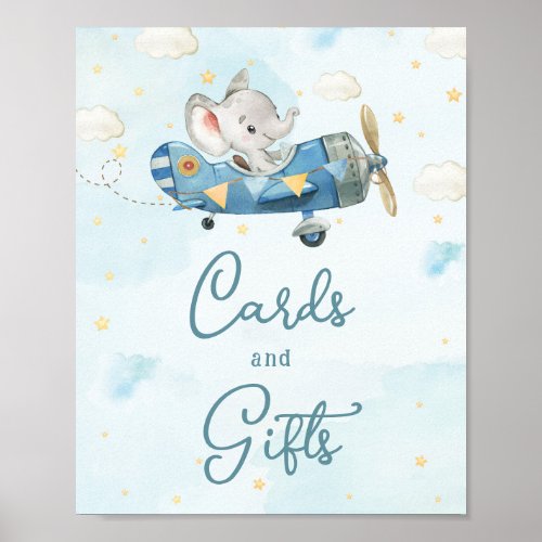 Cute Elephant Plane Adventure Blue Cards and Gifts Poster