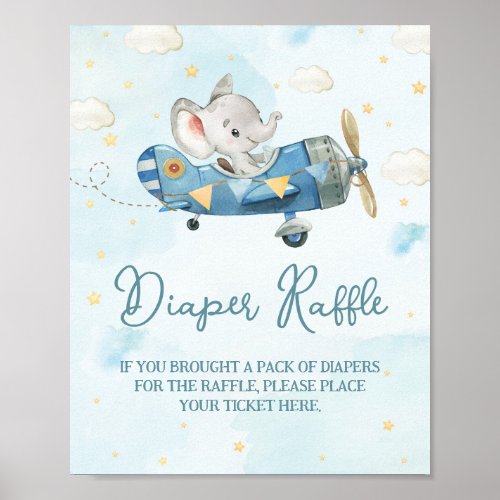 Cute Elephant Plane Adventure Blue Diaper Raffle Poster