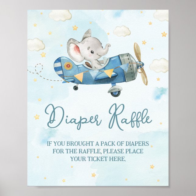 Cute Elephant Plane Adventure Blue Diaper Raffle Poster (Front)