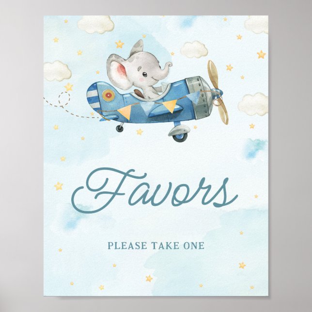 Cute Elephant Plane Adventure Blue Favors Sign (Front)