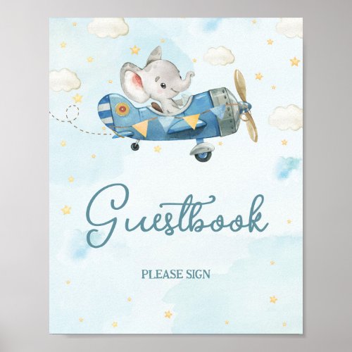 Cute Elephant Plane Adventure Blue Guestbook Sign