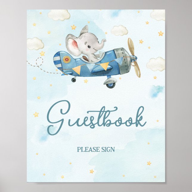 Cute Elephant Plane Adventure Blue Guestbook Sign (Front)
