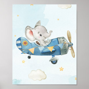 Cute Elephant Plane Adventure Blue Sky Poster