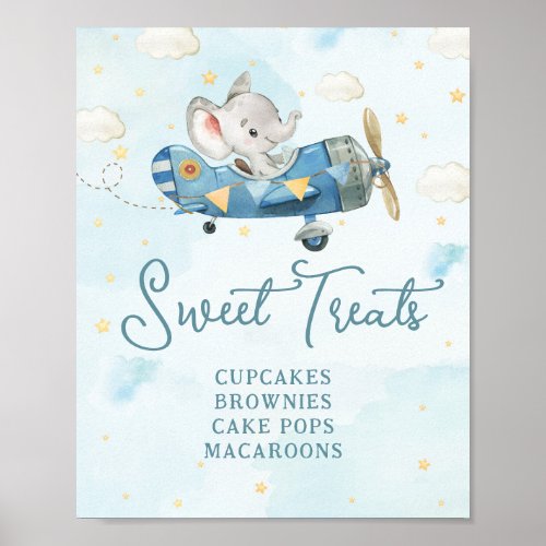 Cute Elephant Plane Adventure Blue Sweet Treats Poster