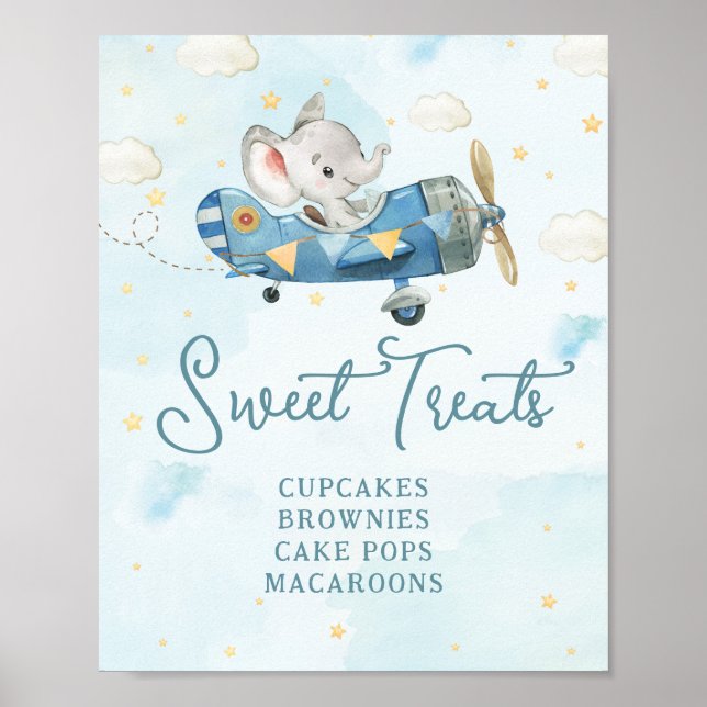 Cute Elephant Plane Adventure Blue Sweet Treats Poster (Front)