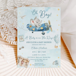 Cute Elephant Plane Adventure Oh Boy Baby Shower Invitation