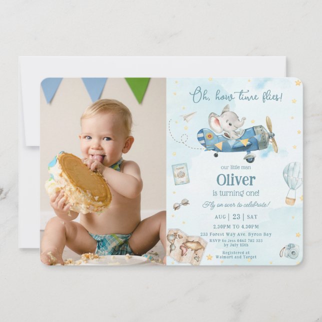 Cute Elephant Plane Adventure Time Flies Birthday  Invitation (Front)