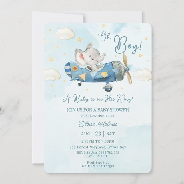 Cute Elephant Plane Airplane Sky Boy Baby Shower Invitation (Front)