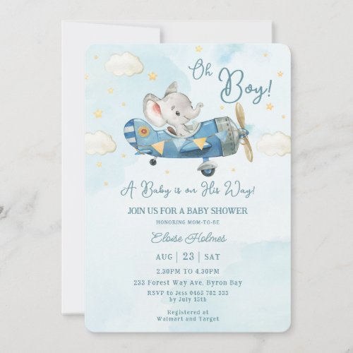 Cute Elephant Plane Airplane Sky Boy Baby Shower Invitation
