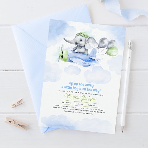Cute Elephant  Plane Blue Green Grey Baby Shower Invitation