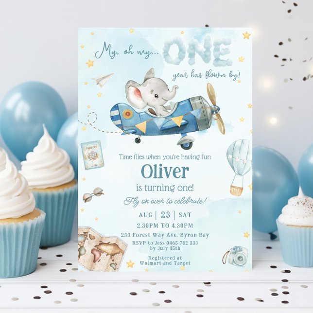 Cute Elephant Plane Time Flies One 1st Birthday Invitation (cute elephant riding blue airplane adventure time flies 1st first birthday invitation turning one)