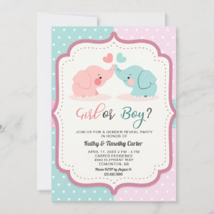 cute elephant polka dots gender reveal party invitation