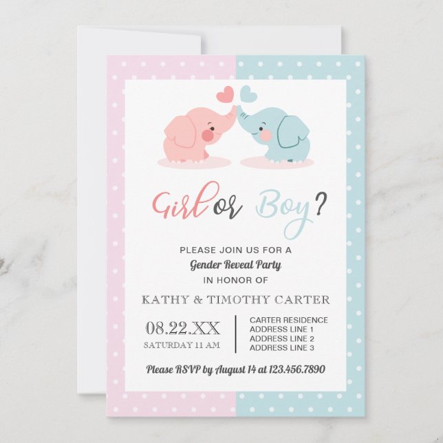 cute elephant polka dots gender reveal party invitation (Front)