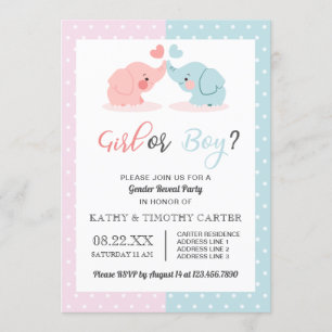 cute elephant polka dots gender reveal party invitation