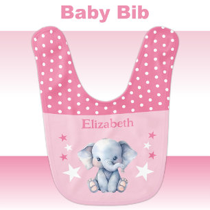 Cute elephant polka dots stars add name pink baby bib