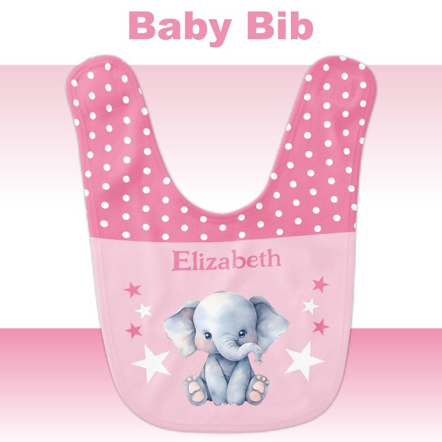 Cute elephant polka dots stars add name pink baby bib (Creator Uploaded)